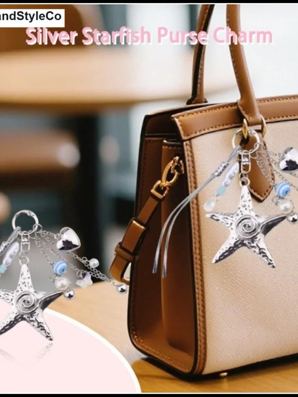 Silver Starfish Heart Bag Charm Keychain Y2K Beach Purse Accessory